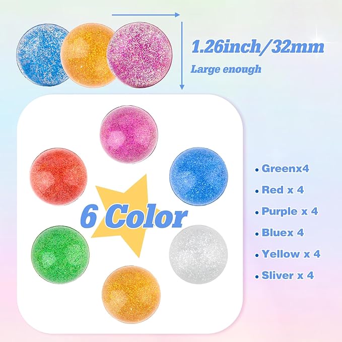 24 Pack Glitter Bouncy Balls for Kids 32 mm Rubber Bounce Balls in 6 Bright Colors — Bulk Party Favors, Goodie Bag Fillers, Easter Basket Stuffers, Classroom Rewards & Prizes