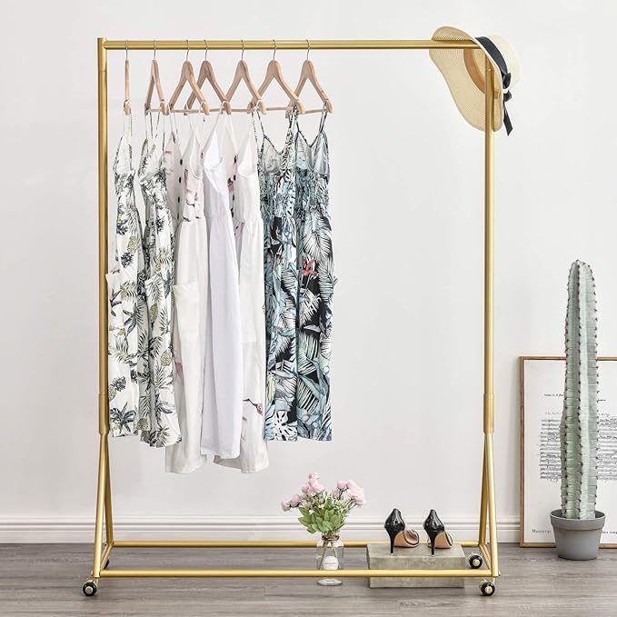 BOSURU Gold Pipe Clothing Racks Freestanding, Modern Metal Clothes Rack Heavy Duty, Easy Assemble Clothing Rack for Hanging Boutiques and Bedroom 47" L