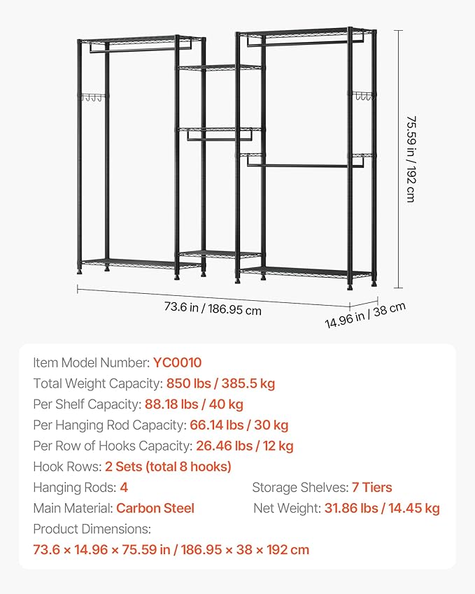 VEVOR Clothing Garment Rack, Heavy Duty Closet Wardrobe, Adjustable Tiers Clothes Racks with Steel Frame, for Bedroom, Clothing Store, Hallway