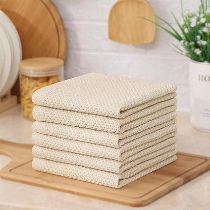 Kitinjoy 100% Cotton Kitchen Dish Cloths, 6-Pack Waffle Weave Dish Towels for Drying Dishes Super Soft Absorbent Quick Drying Dish Rags, 12 X 12 Inches, Beige