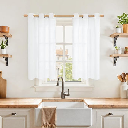 YoungsTex White Linen Curtains 40 Inches Length for Kitchen Cafe Window - Half Window Drapes Semi Sheer Light Filtering with Bronze Grommet for Bathroom Rustic Privacy, 2 Panels, 34 X 40 Inch
