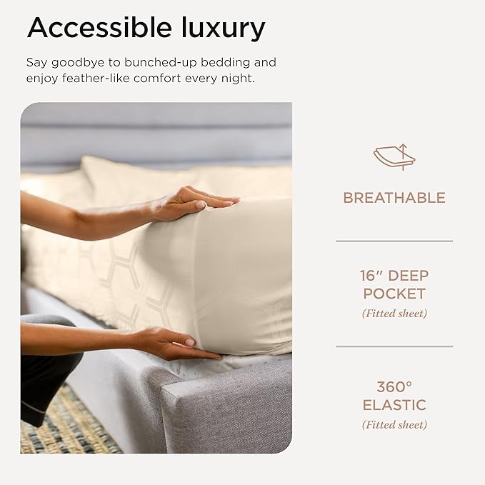 Threadmill 100% Cotton Sheets for King Size Bed - 600 Thread Count King Bed Sheets Set with 16” Deep Pocket - Jacquard Sateen Weave 4-Piece Bedding Set with Cooling Effect, Beige