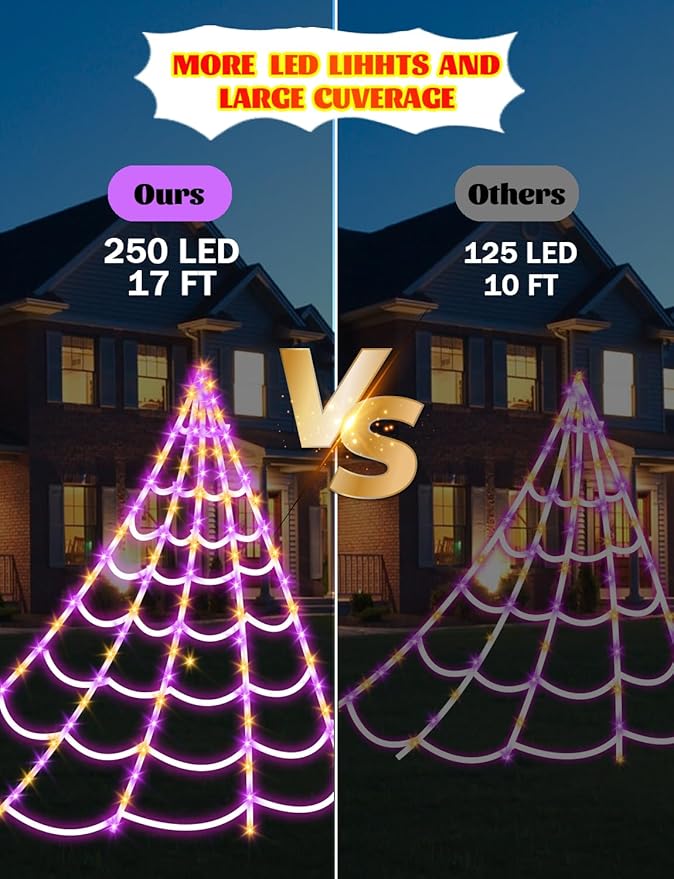 Giant Spider Webs Halloween Decorations - Outdoor Halloween Decor Lights with 250 LEDs,16.4FT Net,4Ft Spider, 8 Modes,Waterproof & Timer for Yard Porch Garden,Outside Costumes Party (Without Spider)