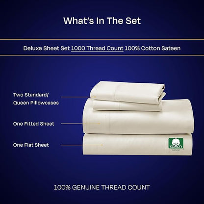 California Design Den Queen Bed Sheets Set - Luxury 1000 Thread Count Sateen, Thick and Natural 100% Cotton Bed Sheet Set, Deep Pockets, Soft, Breathable & Durable Bedding - Ivory (Creamy Beige Tone)