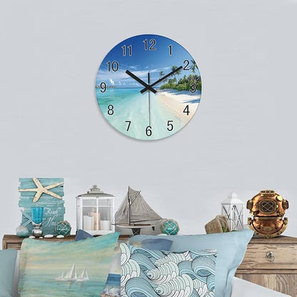 XFM Large Wall Clock Battery Operated Beach Coastal Wall Clocks 24 Inch Silent Non-Ticking Tropical Seascape Glass Wall Clock for Living Room Bedroom Kitchen Decor