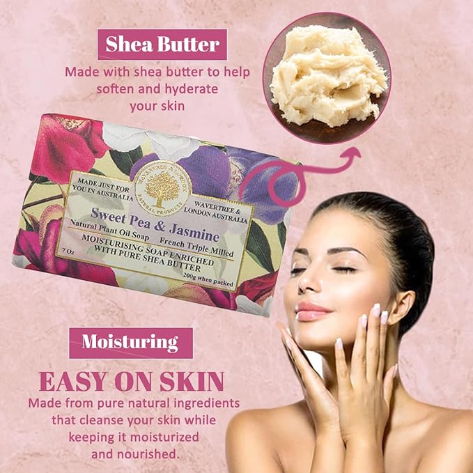 Wavertree & London Sweet Pea & Jasmine Scented Natural Soap (8 Bars), 7oz Moisturizing French Triple Milled Soap Bars enriched with shea butter - Pure Plant Oil Bath & Body Bars for All Skin Types