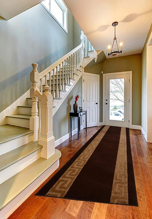 Washable Custom Size Runner Rug Meander Design Brown Beige, (21 Feet Length x 26 Inch Width) Custom Cut Slip Resistant Rubber Backing Runner Rugs, Extra Long Runner Rugs for Hallways