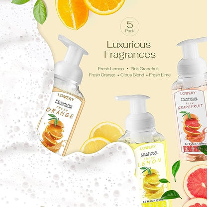 Foaming Hand Soap Pump - 5-PK - Moisturizing Hand Soap Foam with Aloe Vera & Essential Oils - Alcohol-Free Hand Wash in Citrus Blend, Lemon, Orange, Lime, Grapefruit Fragrances for Kitchen & Bathroom