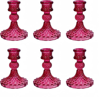 Glass Candlestick Holder,Striped Taper Candle Holders,Set of 6 Candle Stand for Table Centerpieces, Home Decor,Weddings,Festival and Parties (GCH002-Purple Dimond)