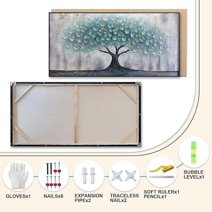 Teal Blue Tree of Life Canvas Wall Art, Hand Painted Modern Abstract Textured Painting, Large Framed Panoramic Landscape wall art for Living Room, Bedroom, Office, Home Decor 40"x20"