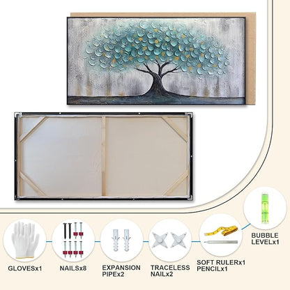 Teal Blue Tree of Life Canvas Wall Art, Hand Painted Modern Abstract Textured Painting, Large Framed Panoramic Landscape wall art for Living Room, Bedroom, Office, Home Decor 40"x20"