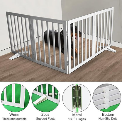 Dog Gate Indoor, Freestanding Dog Fence for The House, Doorways, Hallways,or Stairs,Pet Gate Foldable Wooden,Expandable 24" Height 4 Panels,Grey