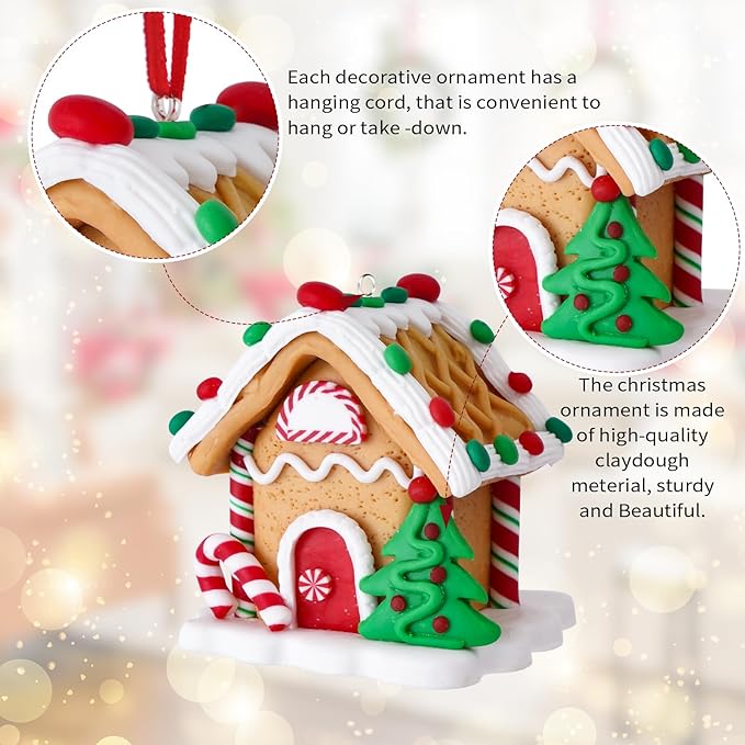 Set of 2 Christmas Tree Decorations, Gingerbread House & Gingerbread Man Christmas Ornaments, Claydough Xmas Hanging Decor for New Year Party Wedding Home