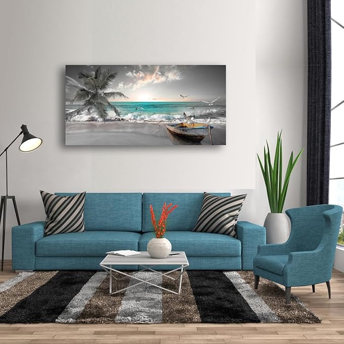 Beach Sea Wave Pictures Canvas Wall Art For Living Room Bedroom Wall Decor,Sea Wave Wall Art Print Paitnings For Home Decor,Morden Artwork Palm Boat Canvas Art Waterproof Ready To Hang-28x57 Inches