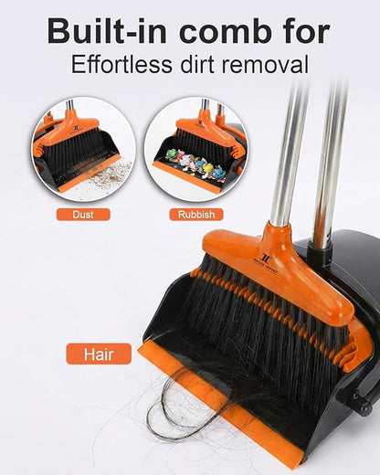 Broom and Dustpan Set Upright Standing Sweeper with Long Handle Folding Dust Pan with Built-in Teeth Comb Indoor & Outdoor Cleaning Compact Storage Broom Dustpan Combo Set