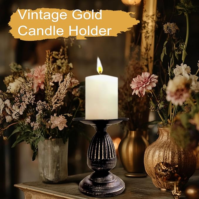 Gold Brass Vintage Candle Holders for Metal Candlestick Holders with Non-Slip Base - Stick Candle Holders for Fireplace, Party, Dining, Home, Wedding Decor(Set of 6Pcs)