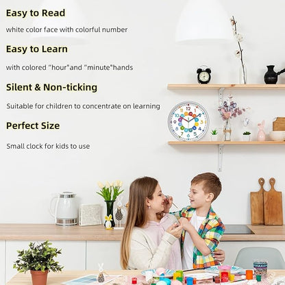 XFM Silent Kids Wall Clock 8 Inch Non Ticking Battery Operated Kids Teaching Clock Colorful Analog Learning Clock Decorative for Kids Room Classroom School