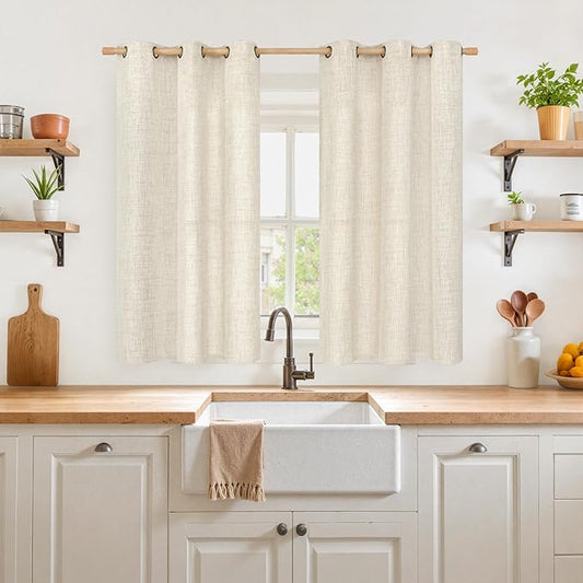 YoungsTex Short Linen Semi Sheer Curtains 45 Inch Length 2 Panels, Light Filtering Textured Window Drapes with Bronze Grommet for Kitchen Living Room Windows, 42 x 45 Inch