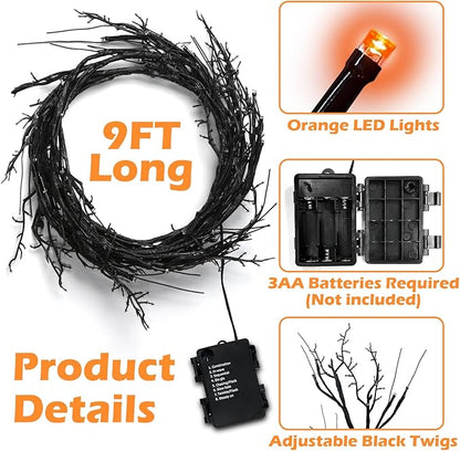 9 Ft 54 LED Halloween Willow Vine Twig Decor Garland with 8 Modes Timer Waterproof Battery Operated Scary Halloween Decorations for Home Wall Mantle Fireplace Decor