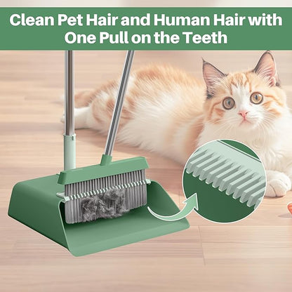 JOYMOOP Dark Teal Green Broom and Dustpan Set, Upright Angle with Built-in Comb Teeth, Ideal for Home, Office, Hardwood, Pet Hair