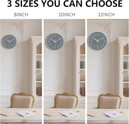 Silent Wall Clocks Battery Operated 8 Inch, Analog Wall Clock with Oversized Number Tempered Glass Clock Face, Quartz Non Ticking Wall Clocks for Living Room Bedroom Kitchen Office, Grey