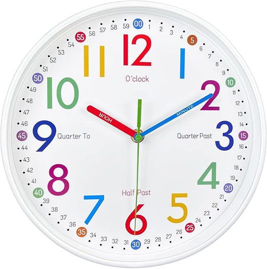 AIRUIFU Learning Clock for Kids-Silent Analog Clock for Bedrooms-Kids Room Decor-12 Inches Colorful Wall Clock Helps Kids Easier to Tell Time