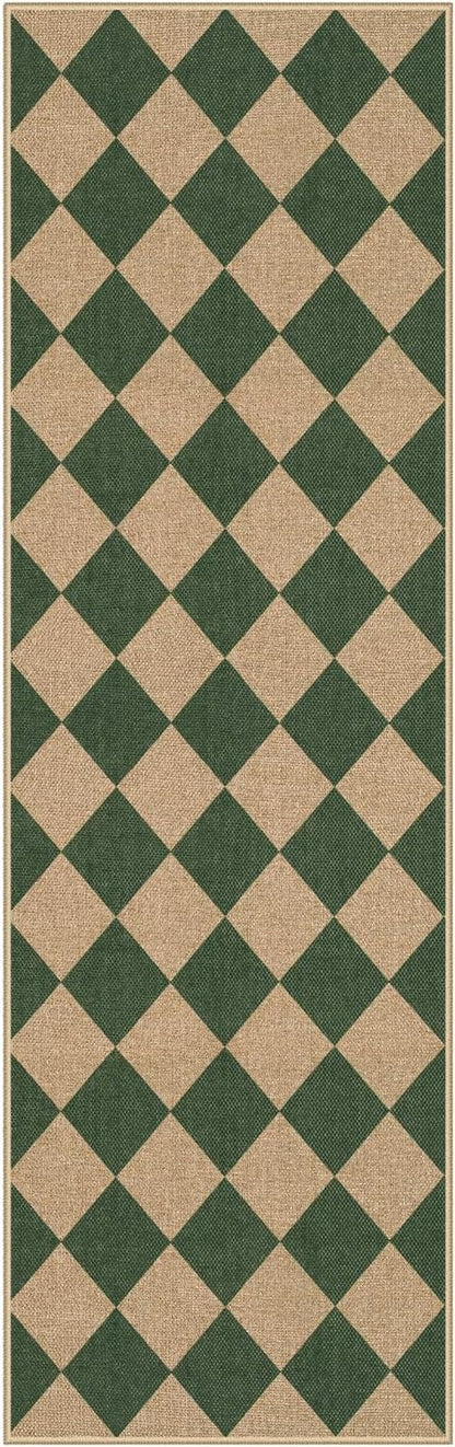 Lahome Checkered Kitchen Runner, 2x8 Easy Jute Runner Rug for Hallway Entryway, Farmhouse Indoor Outdoor Non Slip Non Shedding Green Carpet for Laundry Bedroom Porch Corridor