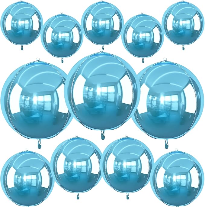 12Pcs Light Blue Round Foil Balloons, 22" 15" 10" 4D Helium Ball Balloon, Metallic Pearl Blue Foil Balloon for Birthday Graduation Wedding Anniversary New Year Eve Disco Prom Party Decorations