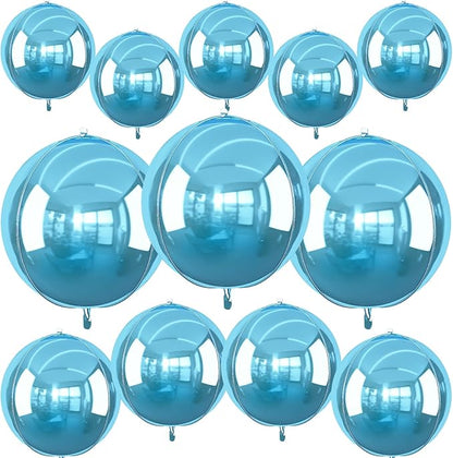 12Pcs Light Blue Round Foil Balloons, 22" 15" 10" 4D Helium Ball Balloon, Metallic Pearl Blue Foil Balloon for Birthday Graduation Wedding Anniversary New Year Eve Disco Prom Party Decorations