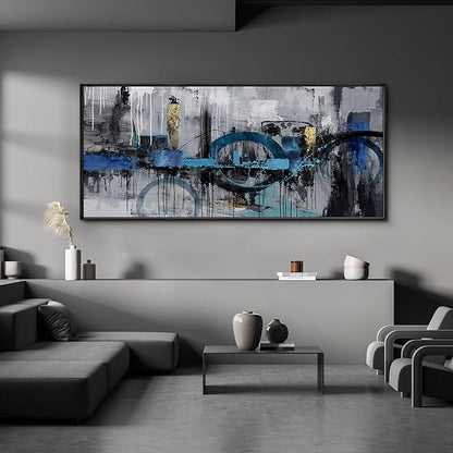 KLAKLA Large Abstract Wall Art Canvas - Blue and Gray Lnk Style Gold City Scenes Wall Decor Living Room Bedroom Decoration Black Frame Picture Artwork for Wall Modern Landscape Wall Decor
