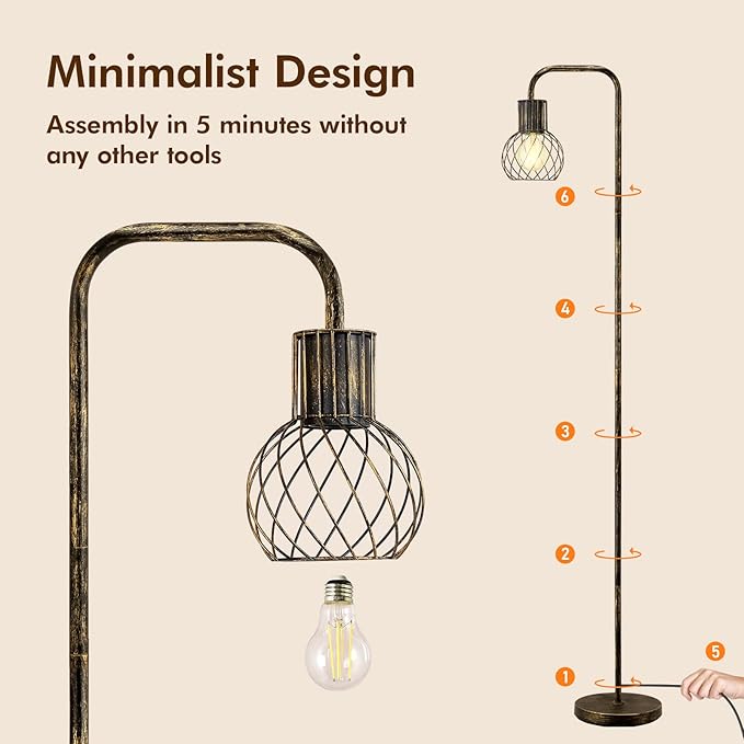 Industrial Floor Lamp, Antique Bronze Standing Lamp Modern with 6W LED Bulb, Foot Switch, Metal Tall Lamps for Living Room, Bedroom, Office, Vintage Stand Up Lamp, Minimalist Farmhouse Floor Lamp