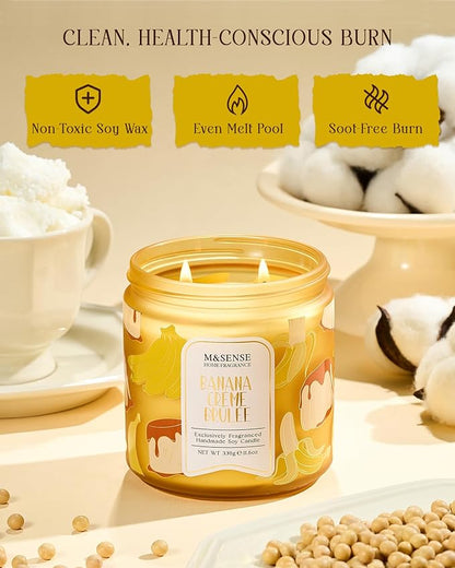 M&SENSE Banana Crème Brûlée Scented Candle, 11.6oz Natural Soy Wax, 70 Hours Long Lasting Clean Burn, Holiday Jar Candle for Home Decor, Non-Toxic Relaxing Aromatherapy Gifts for Women