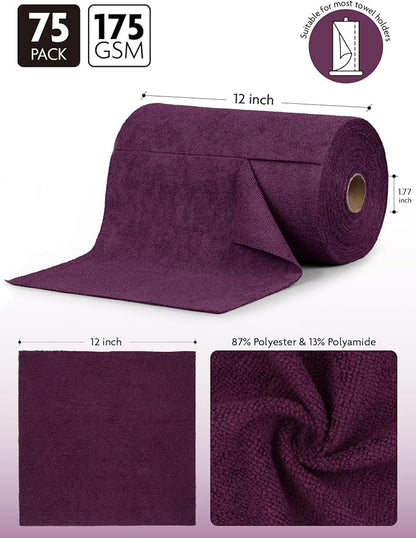 Fantasticlean Microfiber Cleaning Cloth Roll -75 Pack, Tear Away Microfiber Towels, 12" x 12", Reusable, Washable, Scratch Free, Ultra Absorbent for All-Around Cleaning Supplies (Dark Purple)