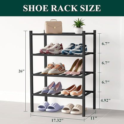 Smiry Bamboo Shoe Rack for Closet, 4 Tier Small Wooden Stackable Shoe Organizer, Free Standing Shoes Storage Shelf for Entryway, Front Door Entrance, Black