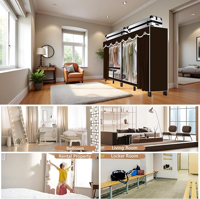 Foldable Portable Wardrobe Closet with Cover, Heavy Duty Clothing Rack for Hanging Clothes has 59in Vertical Storage Space, Coffee Metal Garment Rack (Coffee, 70.9in)