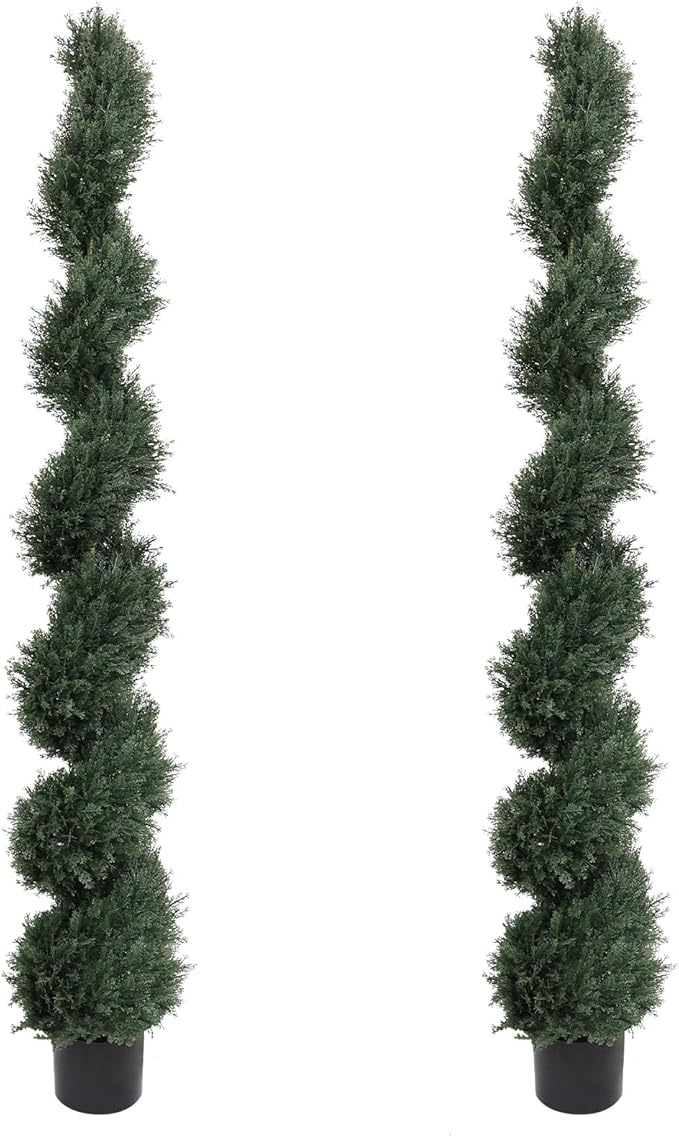 THE BLOOM TIMES 6ft Spiral Artificial Topiary Trees Set of 2, 71 inch Faux Cedar Trees for Outdoor Planters - Fake Twist Cypress Plants for Garden Front Porch Indoor Outside Christmas Decor 6 Foot
