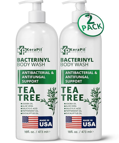 Bacterinyl Tea Tree Oil Body Wash - Antibacterial & Antifungal Support for Ringworm, Body Odors, Athlete’s Foot & Acne, Helps Soothe Itchy, Dry Skin - Made in USA (16 fl oz x 2)