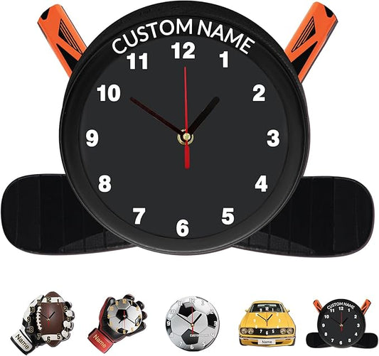 Personalized Clocks with Name Custom Ice Hockey Wall Clock for Home Decoration Fathers Day Dad Gifts Birthday Christmas Creative Clock Customized Gift for Men Women Bedroom Living Room Decor