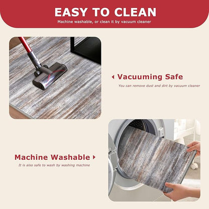 KOZYFLY Modern Abstract Small Area Rugs 2x3, Washable Kitchen Rug Non-Slip Soft Small Bathroom Rug, Grey Brown Striped Entryway Rugs Print Faux Wool Doormat for Bedside Entrance Bedroom Sink
