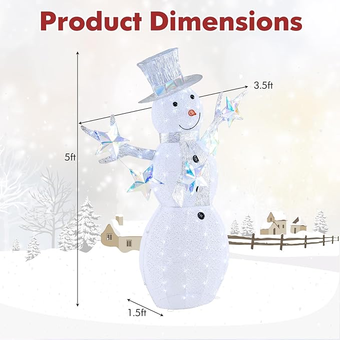 Tangkula 5 FT Christmas Lighted Snowman with Stars, Lighted Christmas Decoration with 140 Cold White LED Bulbs, Ground Stakes & Zip Ties Included, Xmas Festive Decoration for Indoor & Outdoor