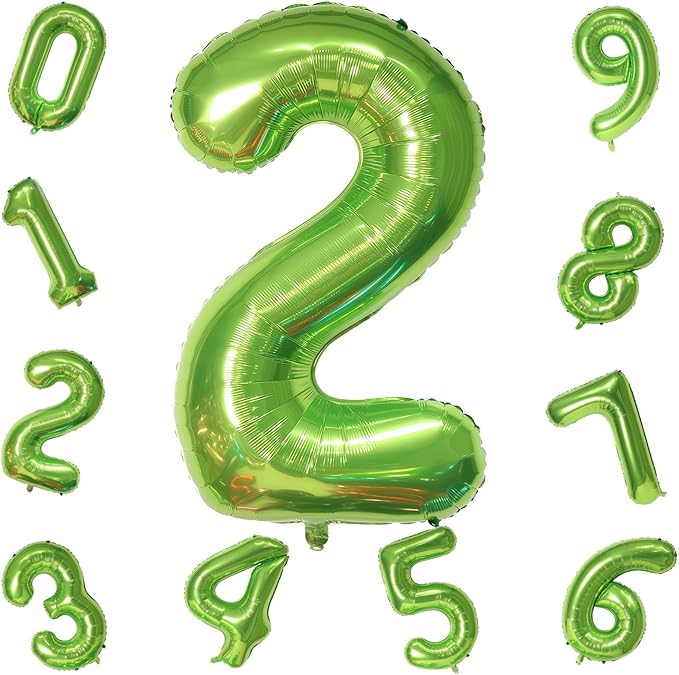 Green 2 Balloons, 40 Inch Giant Helium Foil Number 0-9 Green Birthday Balloon for Boys Girls, Self Inflating Digit 2 Balloons for Women Men Anniversary Jungle Football Party Decorations Supplies