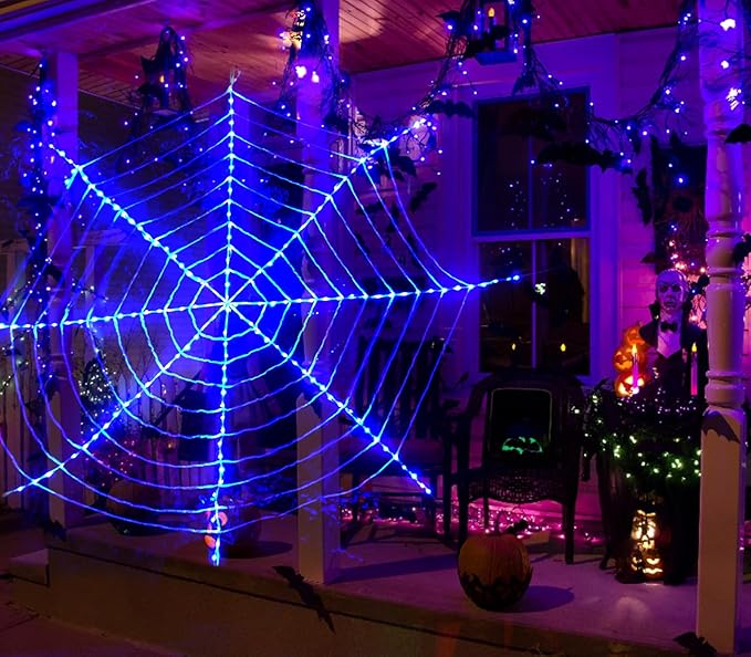 144 LED Round Halloween Spider Web Lights Decoration, 3.6 m Giant Net Light Fairy Lights with Remote Control Light Net Decoration Outdoor Indoor, Green