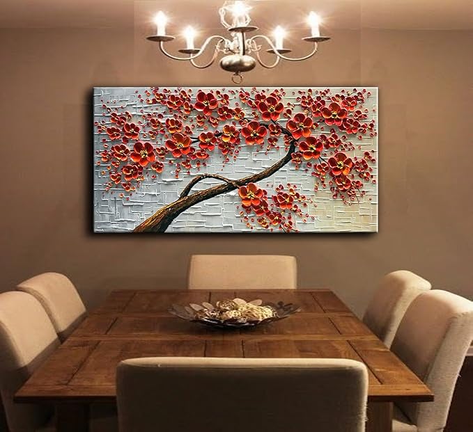YaSheng Art - hand-painted Oil Painting On Canvas Texture Palette Knife Red Flowers Paintings Modern Home Decor Wall Art Painting Colorful 3D Flowers Tree Paintings Ready to hang 24x48inch