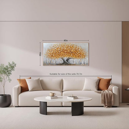 Gold Tree of Life Canvas Wall Art, Modern Abstract Textured Painting, Large Framed Panoramic Landscape Artwork for Living Room, Bedroom, Office, Home Decor 40"x20"
