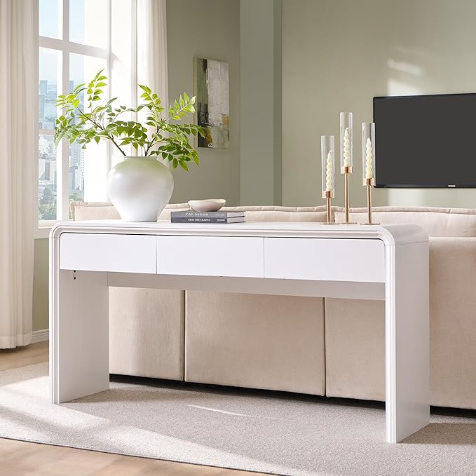 63'' Console Table with 3 Drawers, Modern Entryway Table with Curved Profile Design, Narrow Long Wood Sofa Table Behind Couch Table for Living Room, Hallway, Foyer, White
