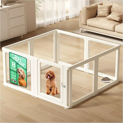Transparent 8-Panel Dog Playpen, Acrylic Indoor/Outdoor Puppy Pen for Small & Medium Dogs, 30 Inch with Door, White (Fully Transparent 50 * 50 Single Room,30 inch)