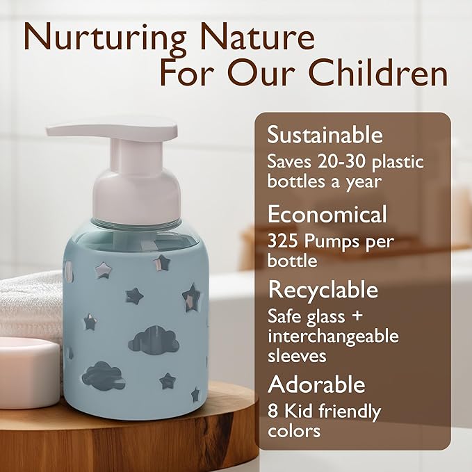 SoCal Suds & Company Glass Foaming Hand Soap Dispenser, Soft Grip Silicone Sleeve, Refillable Pump Bottle for Kids, Baby Wash & Shampoo, Ideal for Home Use, Light Blue 8oz