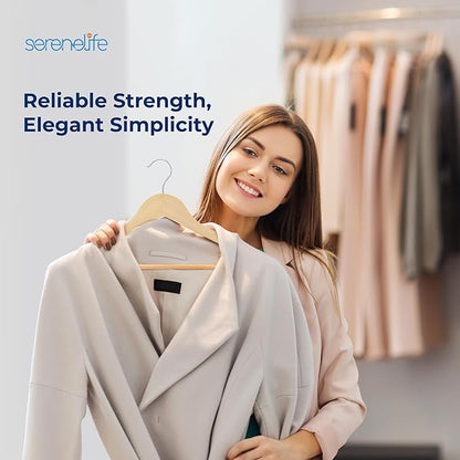 SereneLife Solid Wooden Hangers, Mega Pack, 50 Pieces Hangers for Clothes, Heavy Duty Suit Hanger Set with Chrome 360 Degree Swivel Hook, Notched Design, Natural Wood Color