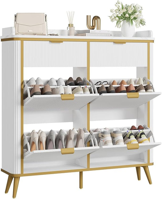 Fluted Shoe Cabinet Storage, Modern Slim Shoe Organizer Cabinet with 4 Flip Drawers & 2 Drawers, Wooden Freestanding Shoe Rack Cabinets for Entryway, Foyer, Hallway, White