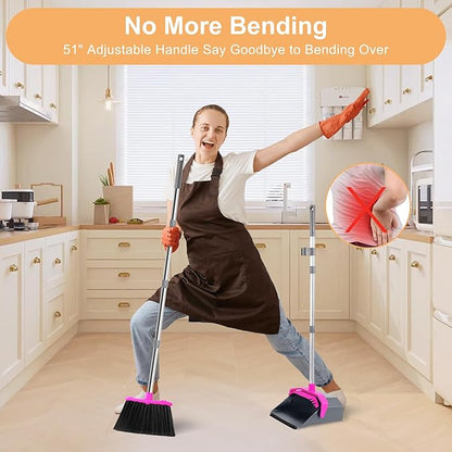 Stand Up Broom and Dustpan Set, Sturdy and Adjustable Dustpan with 51'' Long Handle, Heavy Duty Broom with Standing Dust Pan for Kitchen Garage Looby Pet Dog Hair - Rose Red